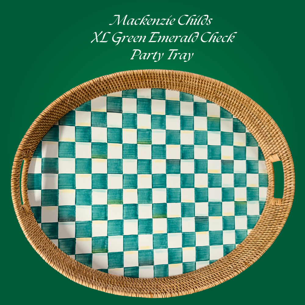 MacKenzie Childs Rattan Enamel Party Serving Tray Green Emerald Check XL Oval